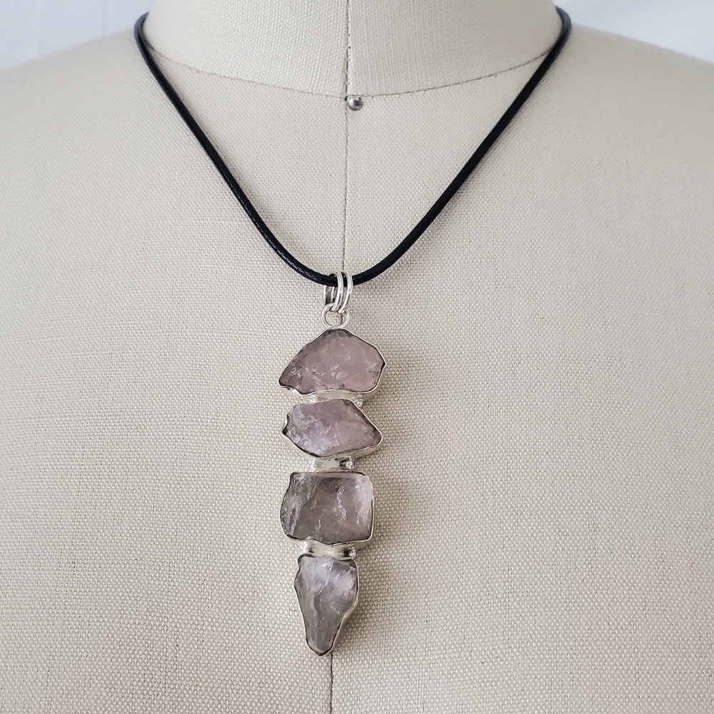 Natural Rough Rose Quartz Gemstones Set in 925 Sterling Silver Pendant, NWT - Picture 14 of 16